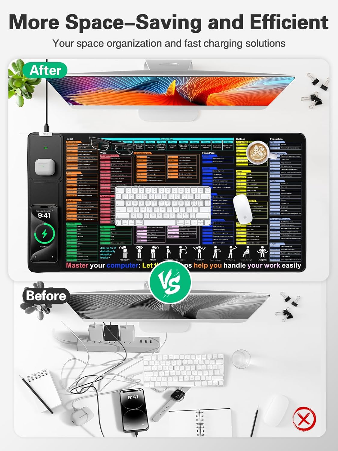 Mouse Pad with Excel Shortcut Keys, Desk Pad with Wireless Charger & Phone Stand, XXL Large Cheat Sheet Mousepad | PC Office Spreadsheet Keyboard Mat | Non-Slip Stitched Edge for Home Office Work