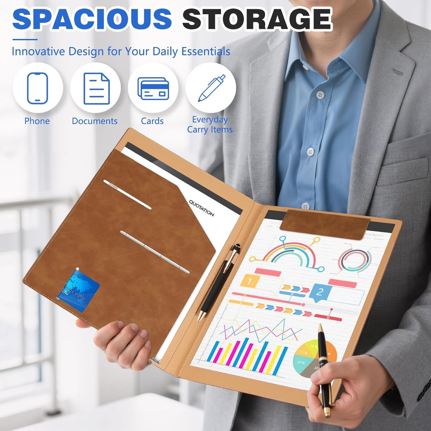 Personalized Padfolio Folder, Leather Custom Portfolio for Men & Women Resumes Office Business, A4 Portfolio Binder for Office College Resumes (Deepblue)