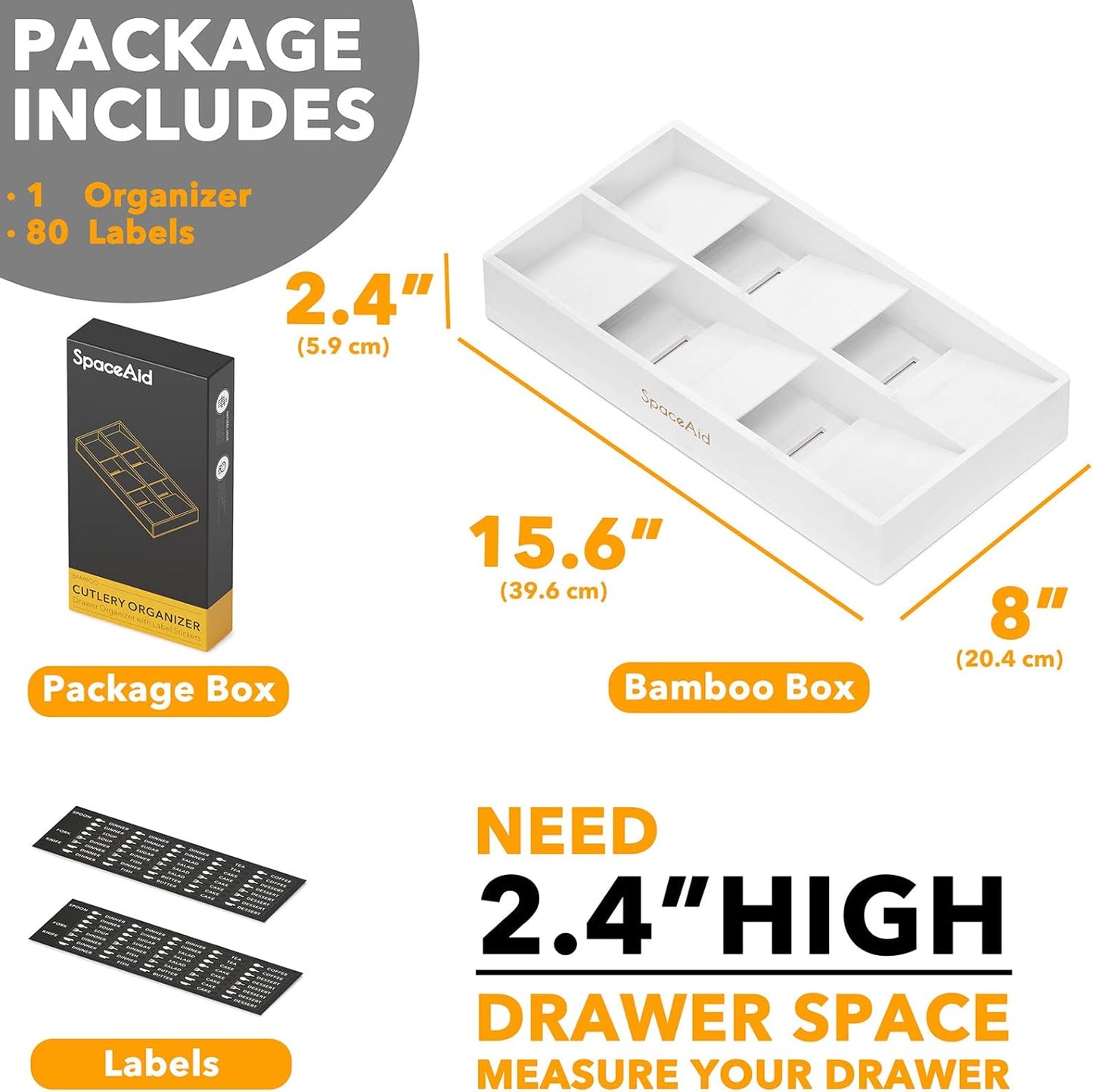 SpaceAid Bamboo Silverware Drawer Organizer with Labels, Kitchen Utensil Tray Holder Organizer for Flatware, Cutlery, Spoon and Knives Drawer Storage Organization (White, 6 Slots)