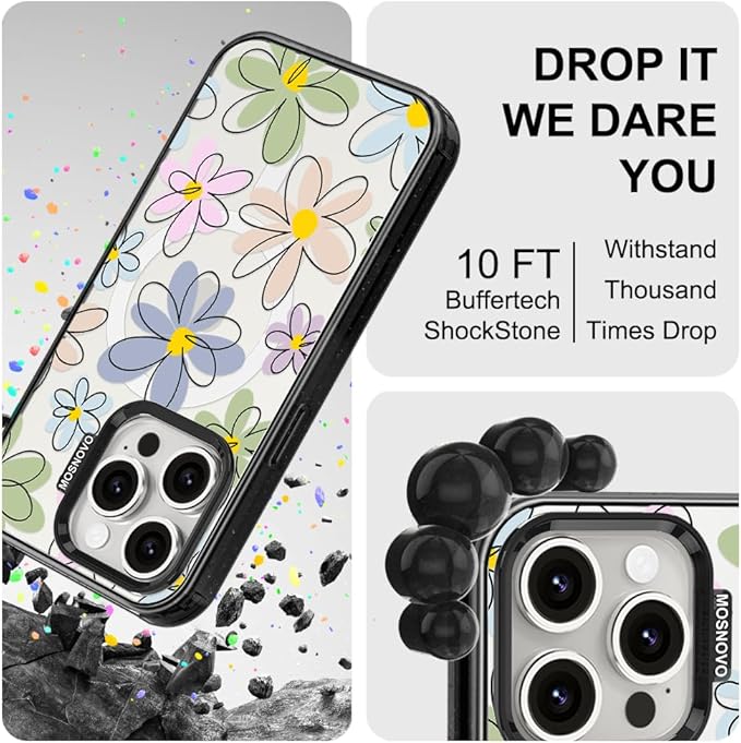MOSNOVO Magnetic Case for iPhone 15 Pro, 10ft Military-Grade Protection, Compatible with Magsafe, Shockproof Phone Case for iPhone 15 Pro - Linear Blooms - Clear Black
