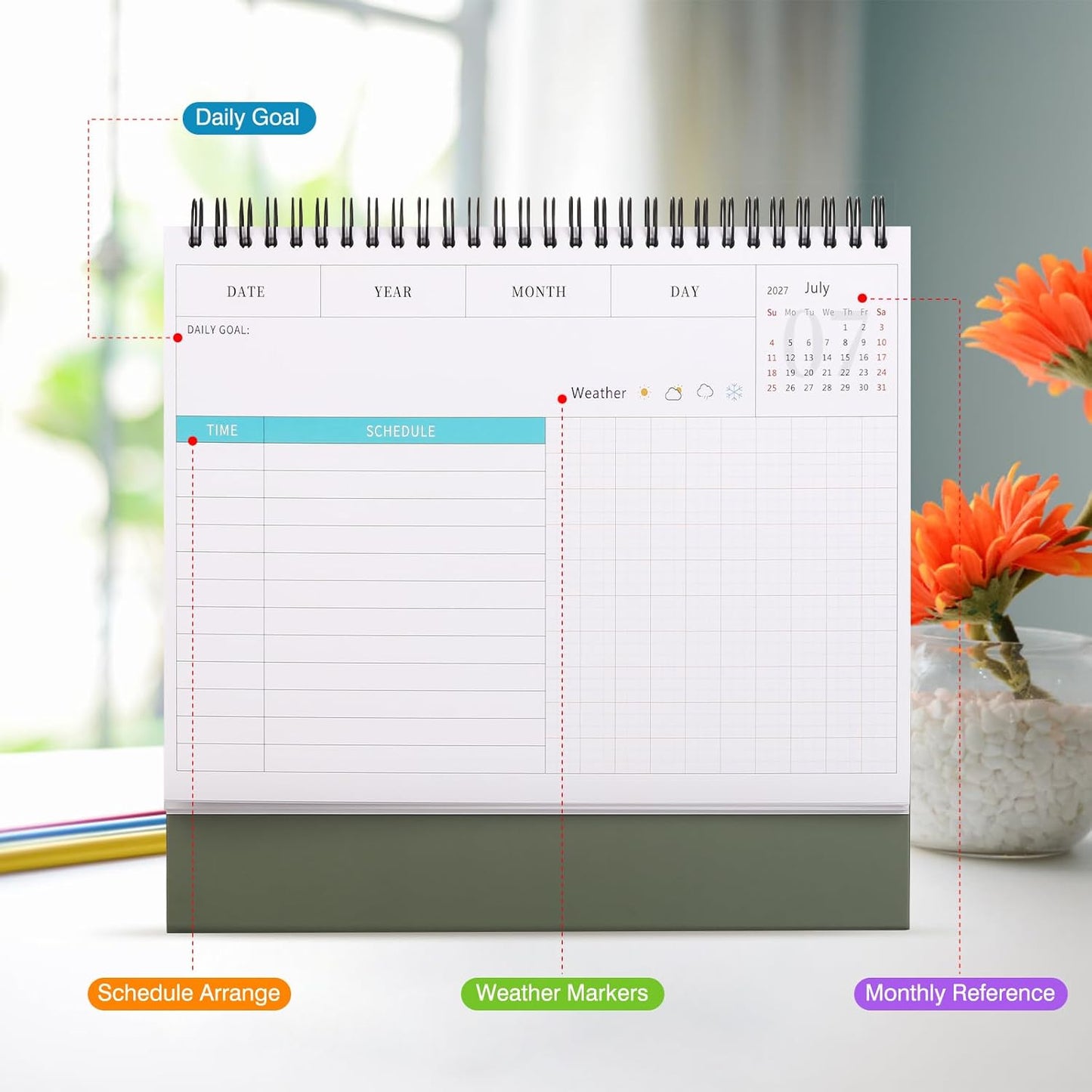 Desk Calendar 2026-2027, 2 Years Calendar Runs from Jan. 2026 until Dec 2027, Table Monthly Planner with Stickers for Home,Office,School Organization(L-Pink+Green,9.8" x 9.6")
