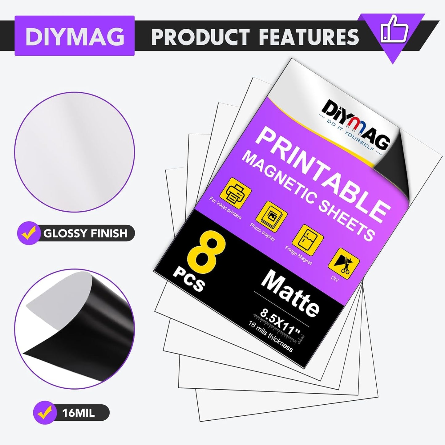 DIYMAG Printable Magnetic Sheets, 8Pcs 8.5 x 11 Inch Flexible Magnet Sheets Matte Non Adhesive Magnetic Paper for Inkjet Printer Photo DIY Crafts