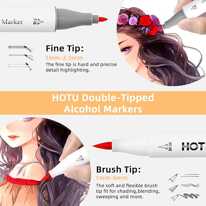 Alcohol Markers Brush and Fine Tip 50 Colors Dual Tips Art Marker Set Alcohol-based Sketch Pens with Carrying Case，Non-Bleeding Pad for Art Enthusiast Adults Coloring Illustration