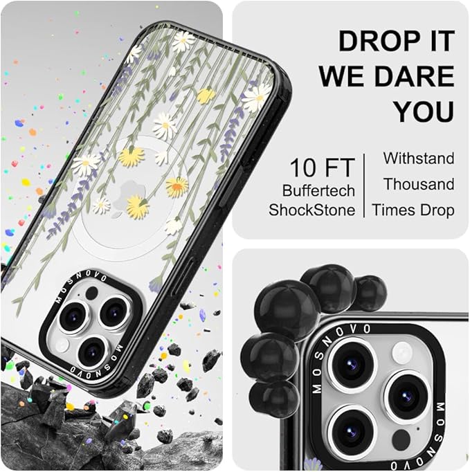 MOSNOVO Magnetic Case for iPhone 16 Pro Max, 10ft Military-Grade Protection, Compatible with Magsafe, Shockproof Phone Case for iPhone 16 Pro Max - Wild Meadow - Clear Black