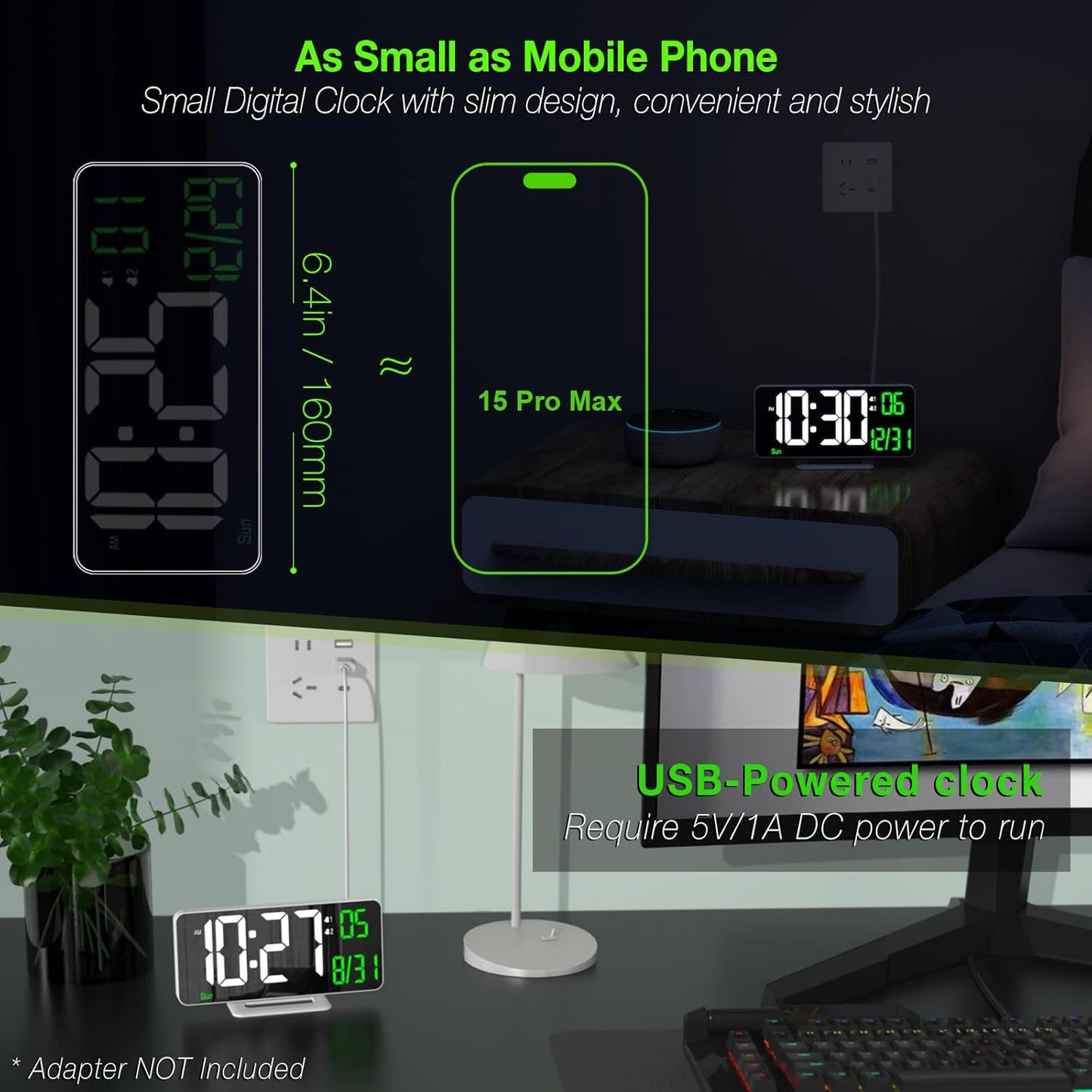 KOSUMOSU Alarm Clock for Bedroom, 6.7" Led Desk Digital Clock,Mirror Clock,Dual Alarm Clock for Living Room with Seconds,Date,Week,12/24h,Dimming,Temp