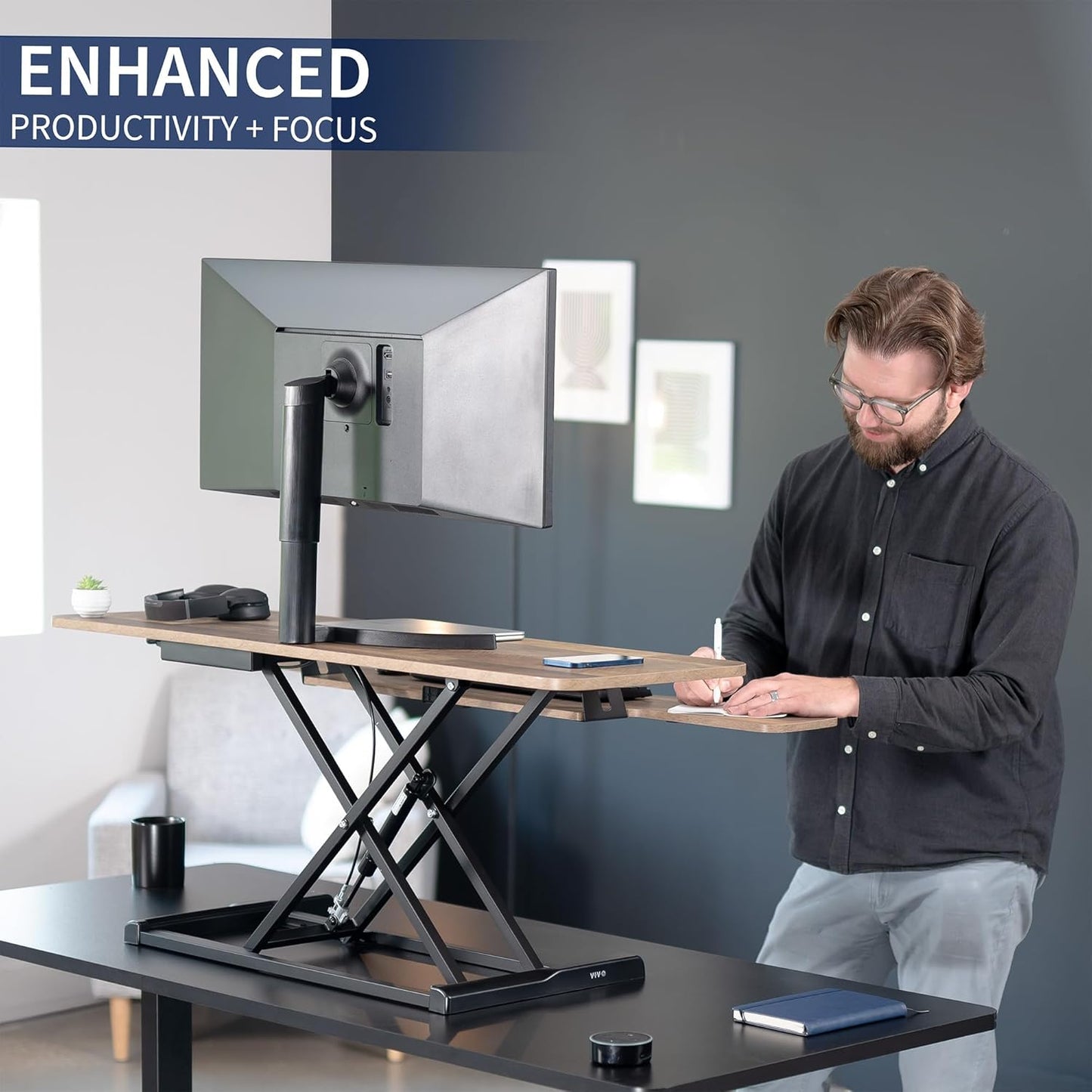 VIVO 48 inch Desk Converter, K Series, Height Adjustable Sit to Stand Riser, Dual Monitor and Laptop Workstation with Wide Keyboard Tray, Reclaimed Wood Top, Black Frame, DESK-V048KP