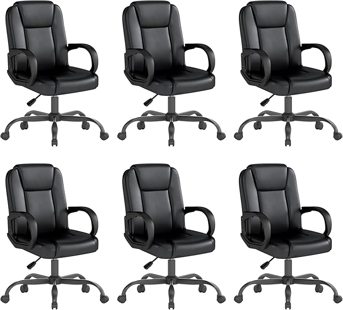 ZZH Executive Office Chair, Leather Desk Computer Chair with Armrests, Mid-Back Swivel Adjustable for Home Office, 6PC, Black