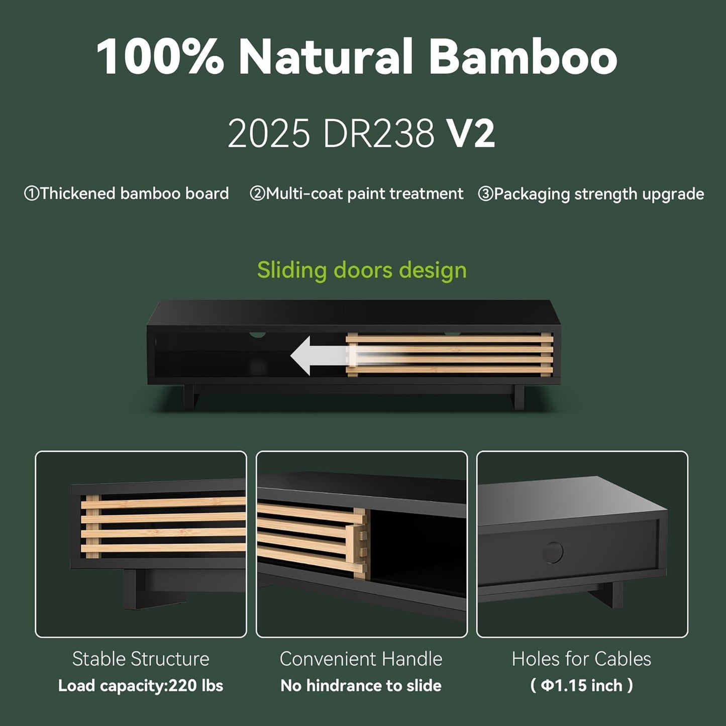 Monitor Stand Riser with Sliding Door, Computer Laptop Stand Desk Shelf Organizer with Storage (Black + Natural Bamboo, 25 Inch)