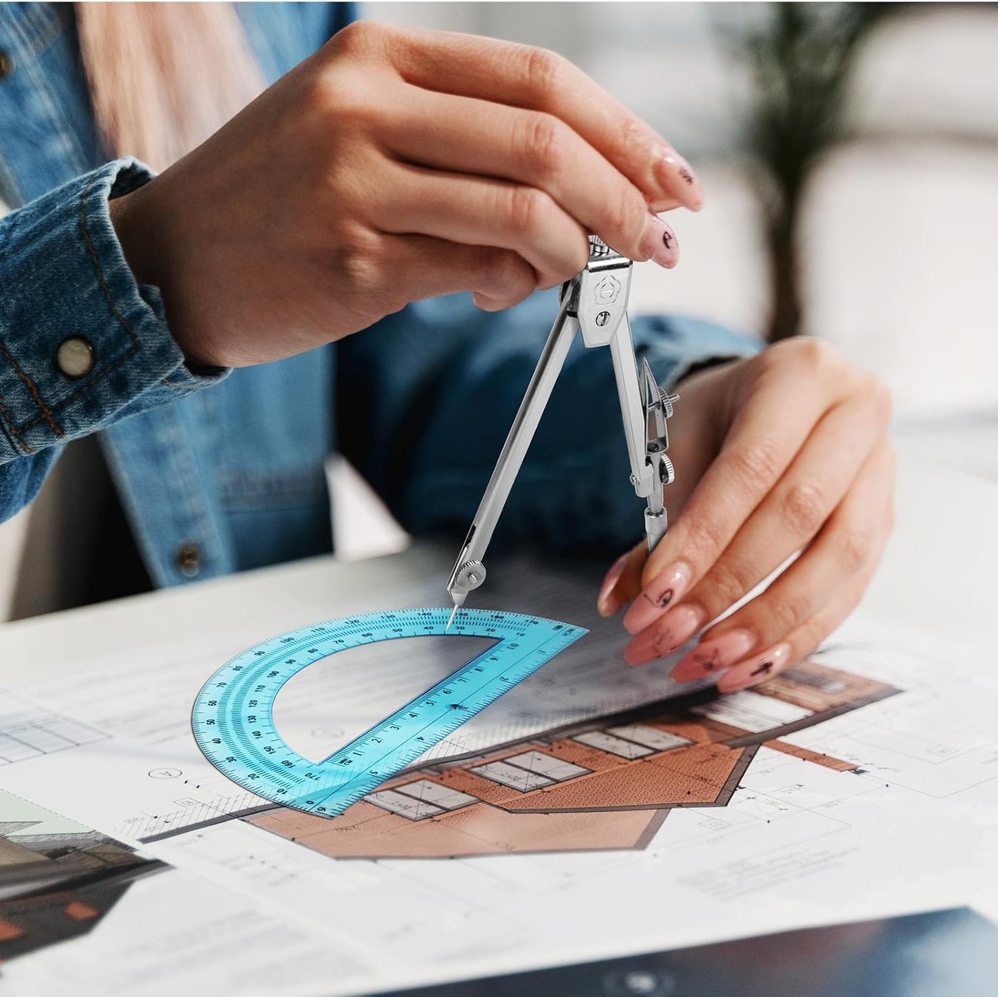 EBOOT Student Geometry Math Set, Drawing Compass and 6 Inch Swing Arm Protractor 180 Degree Math Protractor (Blue)