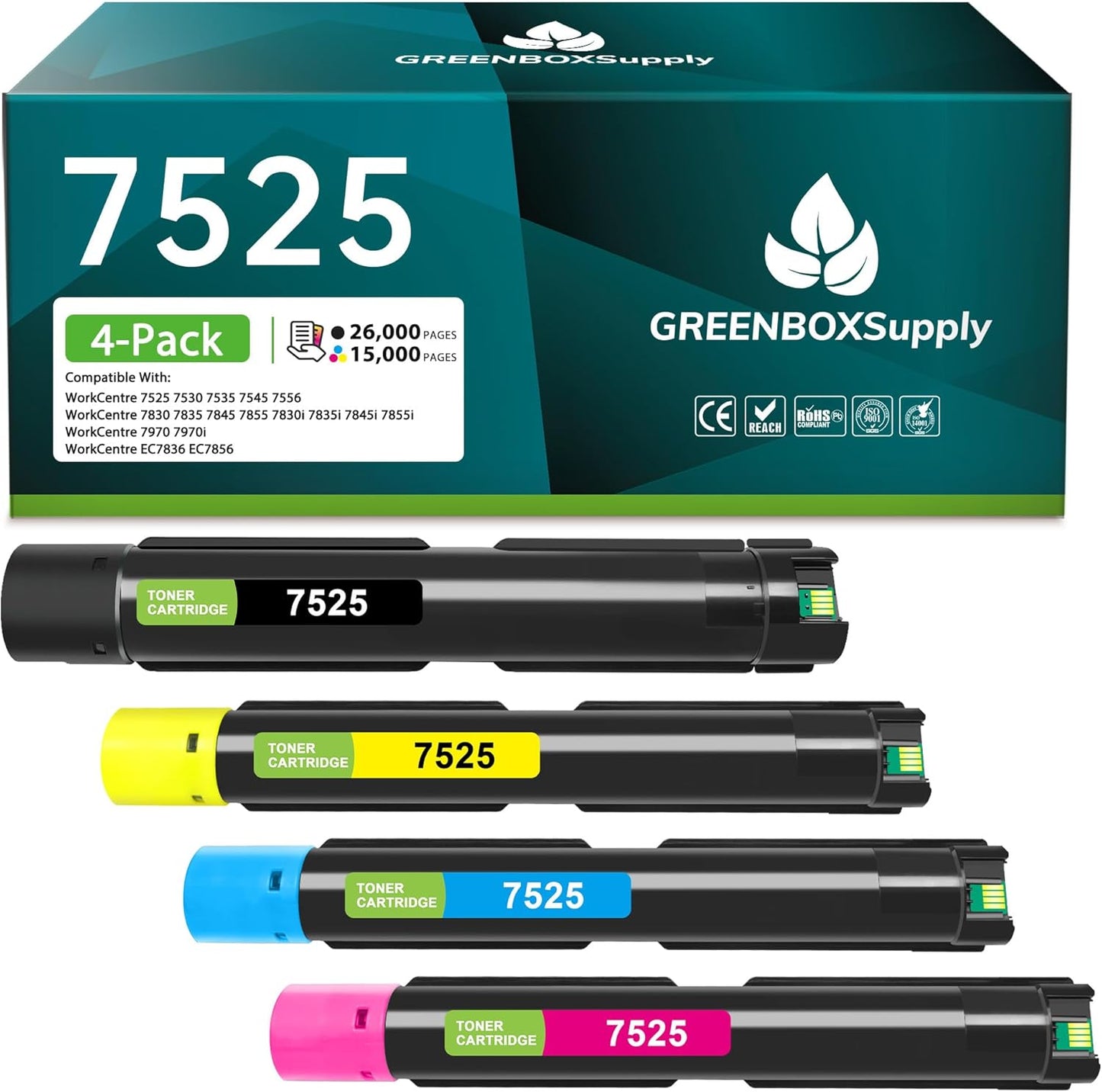 Compatible 7525 Toner Cartridge High Yield Replacement for Xerox Workcentre 7525 7830 7835 7845 7530 7535 7545 7556 7855 7970 7835i 7970i Printer (4-Pack, 006R01513 006R01514 006R01515 006R01516)