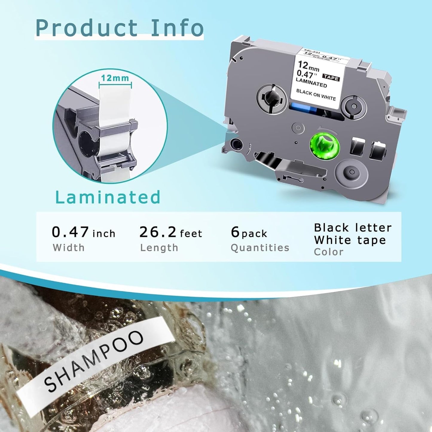 6Pack Label Maker Tape Compatible with Brother PTouch TZe-231 Tape, ½” 0.47”x 26.2 ft Laminated Black on White, for PT-D210, PT-H110, PT-D220, PT-D410, PT-D600