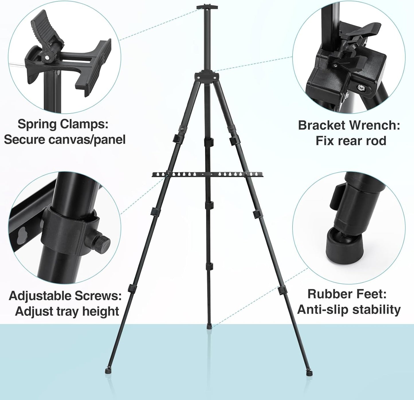 1PCS Art Painting Easel Stand, Adjustable Metal Large Easel for Painting, Canvas Heights from 17 to 66 Inch, Standing Easel for Painting, Wedding Sign, Tabletop or Floor, Black