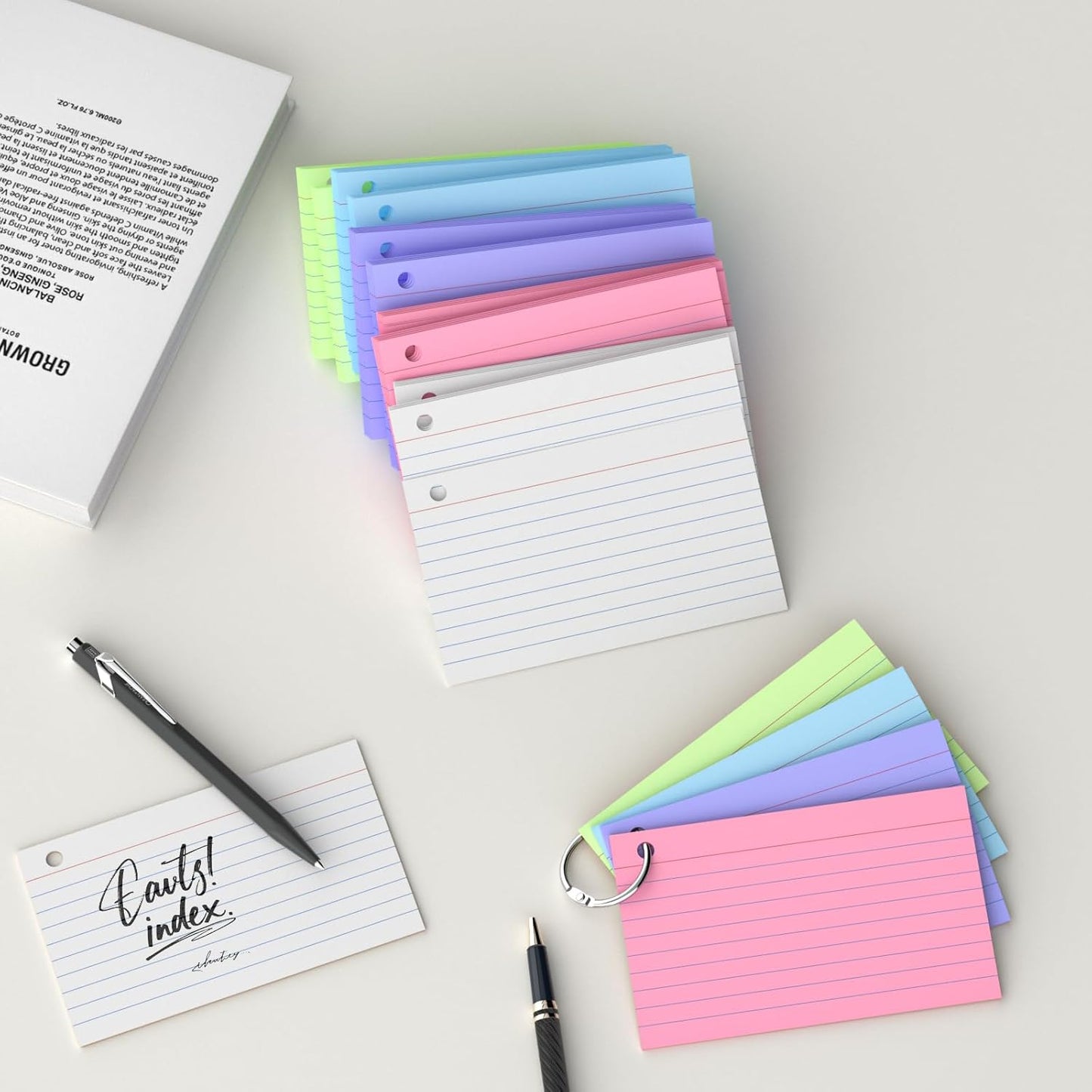 250 Count Colored Index Cards 3x5 Inch with Key Ring, 180gsm Heavy Weight Flash Cards 5 Color (50 Sheets Each), Portable Note Taking for Students, Teachers, Study Note Cards for Office Home School