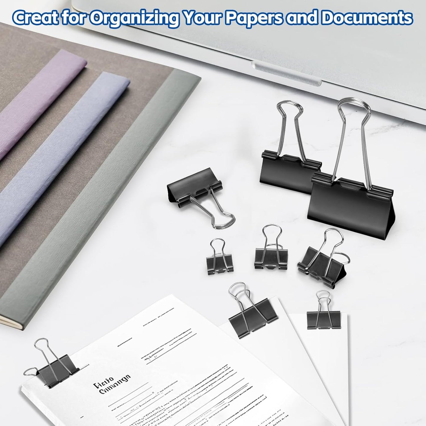 BainGesk 210 PCS Binder Clips Paper Clamps Assorted Sizes, X Large, Large, Medium, Small, Mini and Micro Metal Paper Binder Clips, Black Binding Paperwork Clamp Bulk, Office, School Supplies