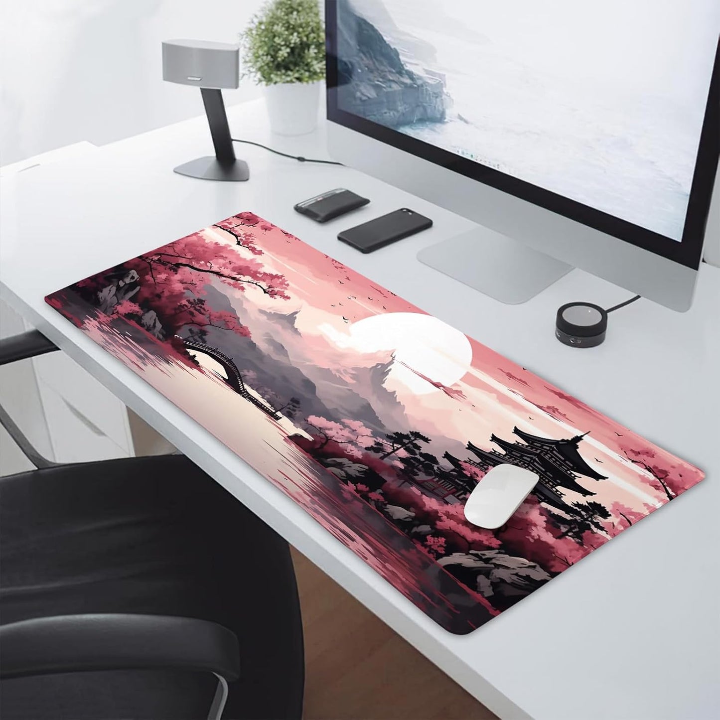 Pink Japanese Sakura Gaming Mouse Pad XXL Cherry Blossom Tower Mountain Landscape Big Extended Large Desk Mat Non-Slip Rubber Base Stitched Edge Long Mousepad for Computer Gamer, 35.4 x 15.7 in