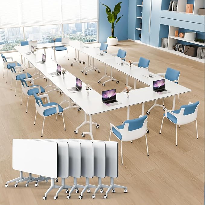 6Pack Folding Conference Room Table, Modern Conference Tables with Silent Wheels, Large Rectangular Mobile Training Tables for Office Classroom, Foldable Modular Seminar Table White (L63in)