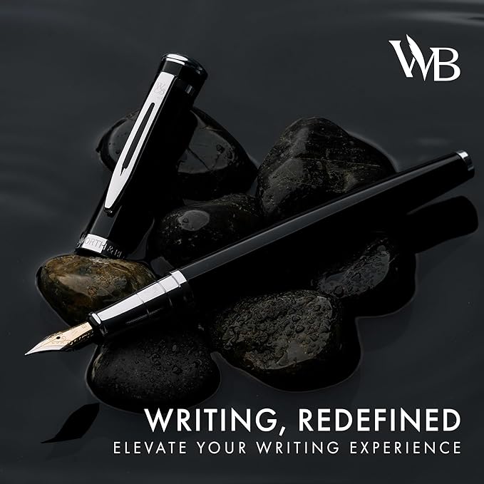 Wordsworth & Black Fountain Pen Set, Extra Fine Nib, Includes 24 Pack Ink Cartridges, Ink Refill Converter & Gift Pouch, Chrome Finish, Calligraphy, [Black Chrome], Perfect for Men & Women
