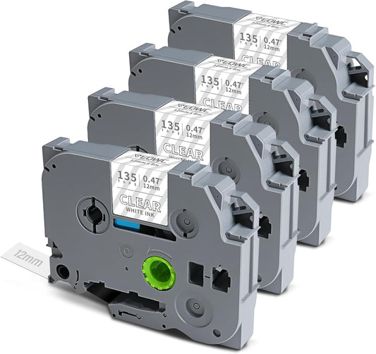 Tze135 Tze 12mm 0.47 Laminated White on Clear Label Maker Tape Compatible for Brother Tze-135 Tz-135 Tz 1/2 Refill Work for Ptouch PT-D210 PT-D220 PT-H110 PT-D400 PT-D600, White on Clear, 4 Pack