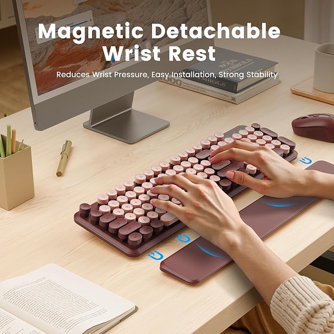 SABLUTE Wireless Keyboard, Round Keycaps, Retro Typewriter Keyboard with Detachable Wrist Rest, Sleep Mode, Foldable Legs, 2.4GHz Full-Size Cordless Computer Keyboard for Windows/PC/Laptop (Wine Red)