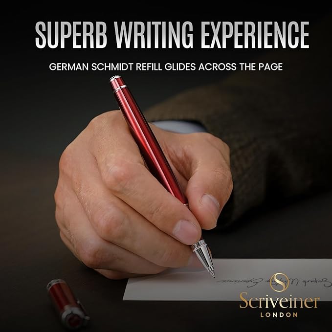 Scriveiner Deep Crimson Red Rollerball - Stunning Red Lacquer Luxury Pen with Chrome Finish, Schmidt Ink Refills, Roller Ball Pen Gift Set for Men & Women, Professional, Executive, Office, Nice Pens