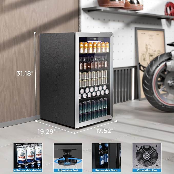 Kndko Beverage Refrigerator Cooler - 130 Can Mini Fridge with Adjustable Shelves, Glass Door, Digital Temperature Control, LED Lighting, Energy Efficient for Home, Office, Bar - 3.2 Cu.Ft, Silver
