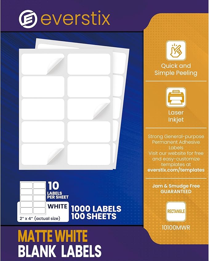 2" x 4", 100 Sheets, 1000 Blank Shipping Labels, Printable White Sticker, Shipping Labels for Laser & Inkjet Printers, Letter Size