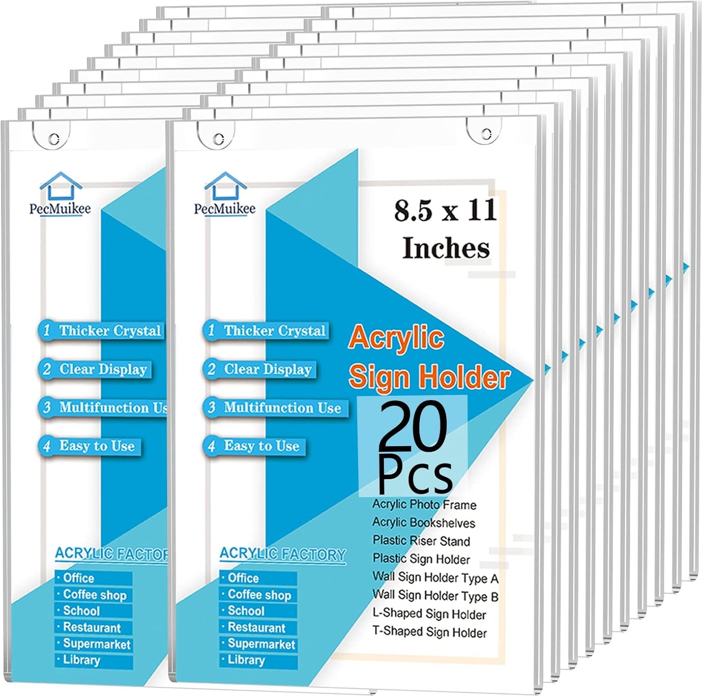PecMuikee Acrylic Sign Holder 8.5x11, Wall Mount Acrylic Sign Holder and Plastic Paper Display Ad Frame bonus with 3M Tape and Mounting Screws for Restaurants, Office, Market, Library, Store, 20 Pcs
