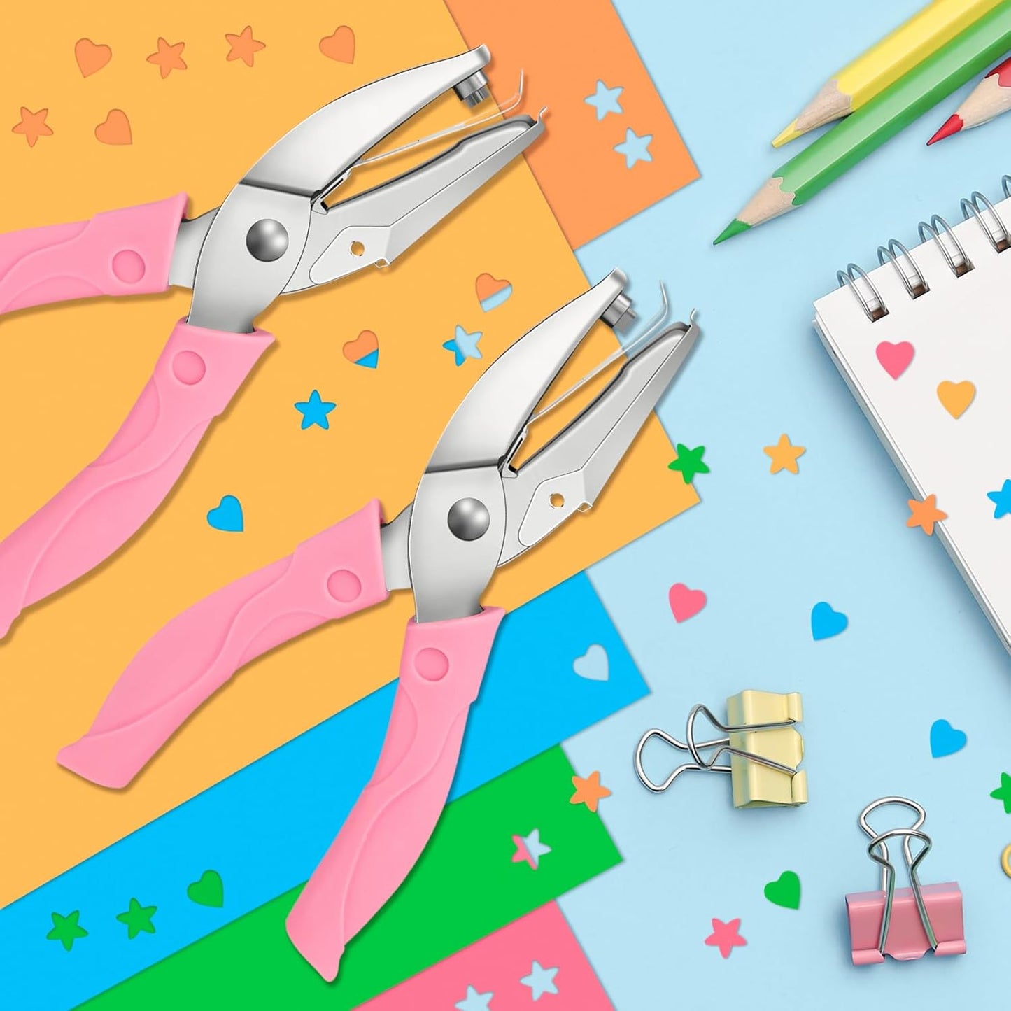 4 Pack Handheld Hole Paper Punch Kit,Single Hole Punch, Heart and Star Hole Punch, Rubber Handled