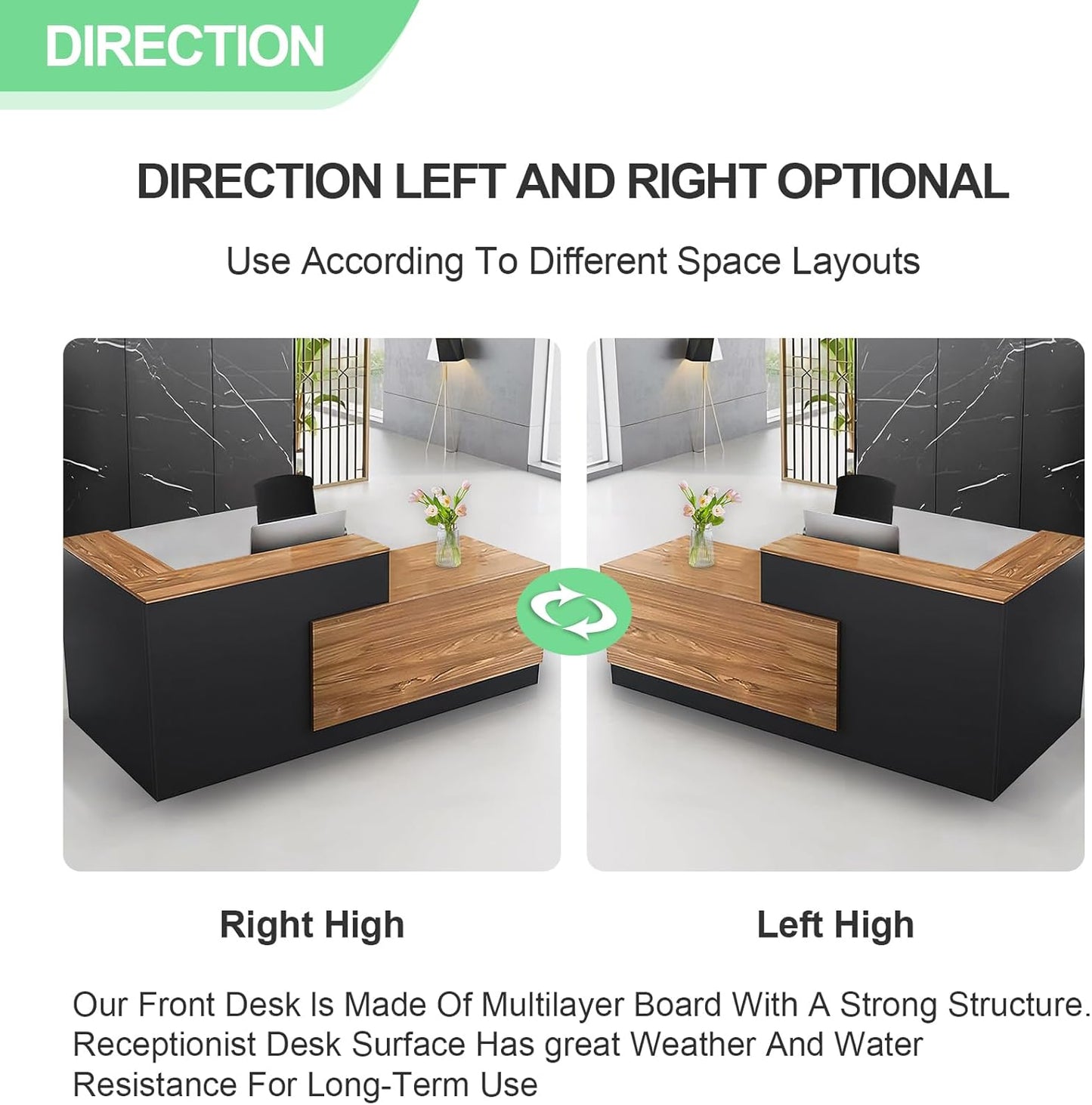 Modern Reception Desk with Counter and Drawer Office Front Desk with Cabinet Wooden Commercial Reception Table Checkout Counter for Retail Salon Lobby Black and Wood Right 63inch/160cm