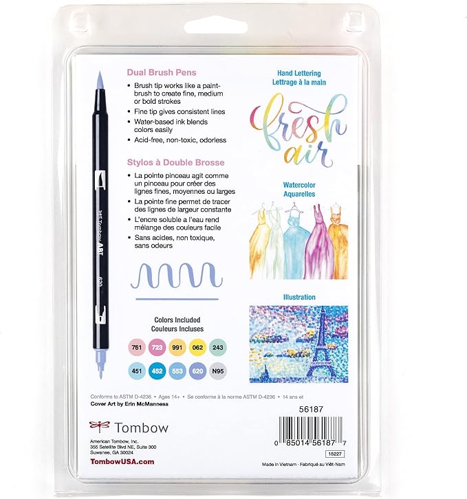 Tombow 56187 Dual Brush Pen Art Markers, Pastel, 10-Pack. Blendable, Brush and Fine Tip Markers
