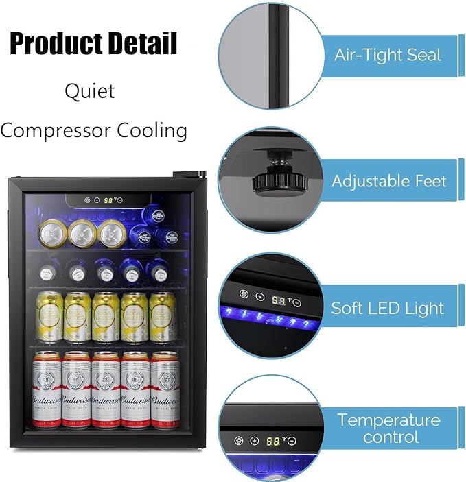 Antarctic Star Beverage Refrigerator Cooler-85 Can Mini Fridge Glass Door for Soda Beer Wine Stainless Steel Glass Door Small Drink Dispenser Digital Display for Home, Office Bar,2.4cu.ft