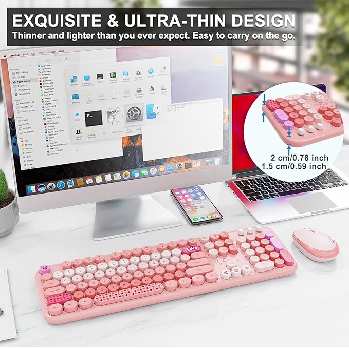 Wireless Keyboard and Mouse Combo, 104 Round Keys Full-Size Cute Colorful Pink Cordless Keyboard and Mouse with Retro Typewriter for PC/Mac/Laptop/Tablet/Computer/Windows Pink