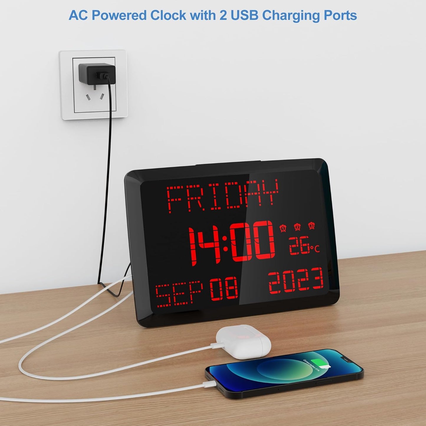 Raynic Digital Clock, 11.5" Large Display Digital Calendar Clock with Day and Date, Indoor Temperature, Adjustable Brightness, Snooze,12/24H, DST for Home, Office, Elderly