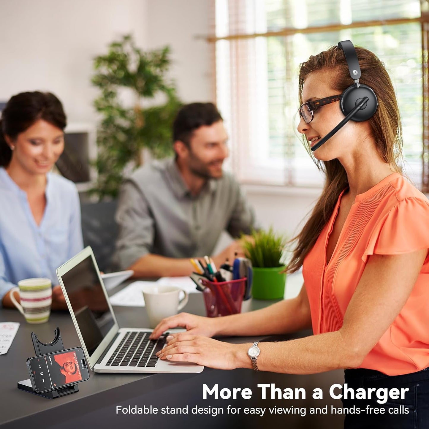 Wireless Headset with Mic for Work-Bluetooth 5.3 Headset with Noise Cancelling, Wireless Headsets with 65Hrs Battery & 10Min Fast Charge, Smart Dock with Digital Display for PC/Computer/Teams