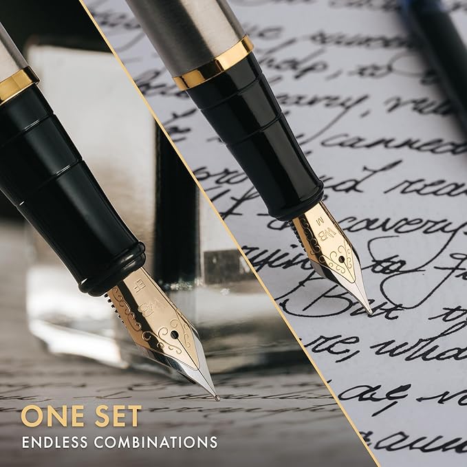 Wordsworth & Black Fountain Pen Set,18K Gilded Medium and Extra Fine Nib,25ML Black Ink Bottle,6 Ink Cartridges,Refill Converter,Gift Box,Smooth Writing Pens [Silver Gold],Gift Set for Men and Women