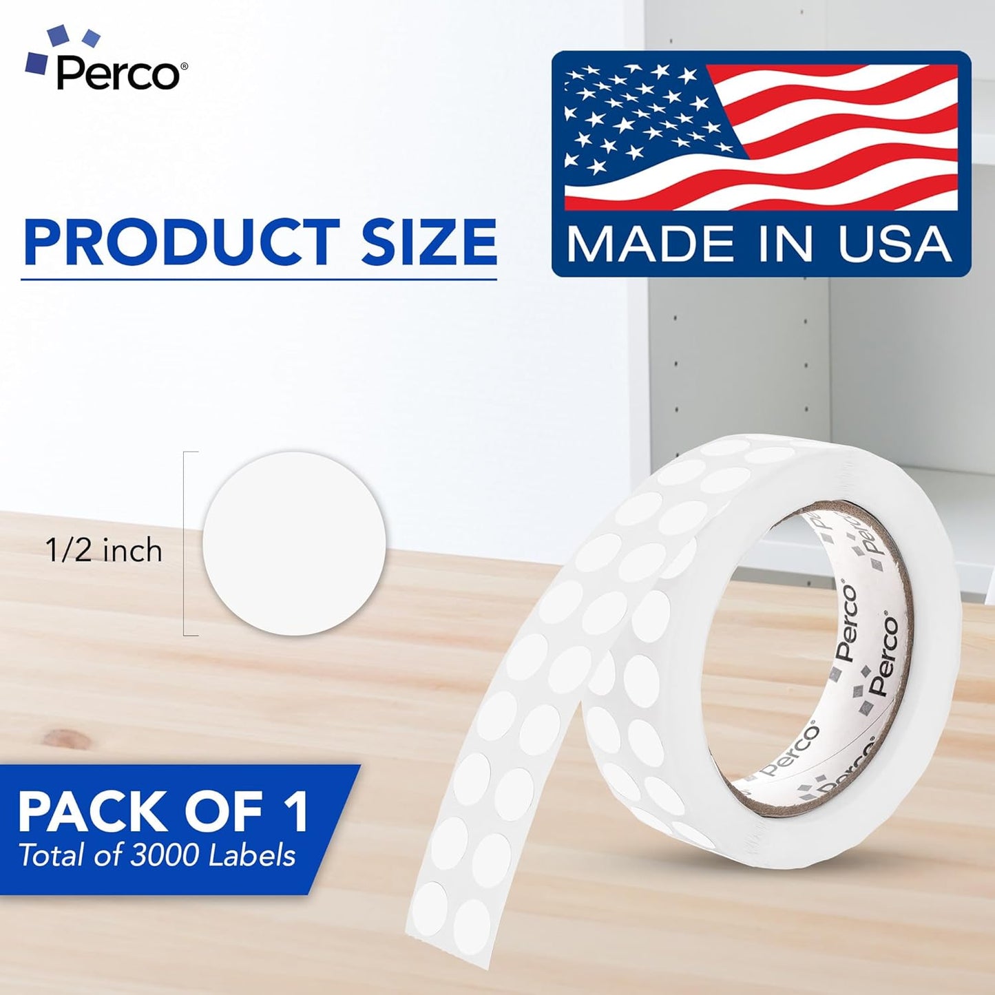 Perco Clear 1/2-Inch Round Circle Dot Sticker Labels with Easy Peel Perforation - 3,000 Labels per Roll - Strong Adhesion, Vibrant Colors for Organizing, Crafting & More - Made in USA