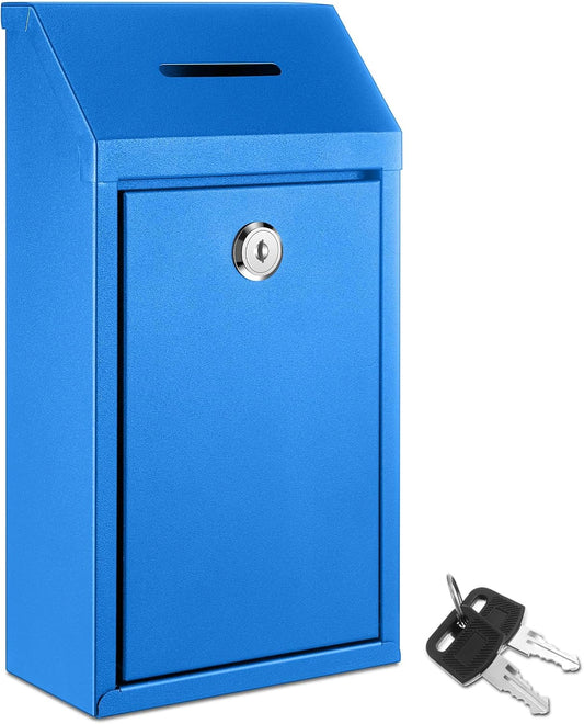 Metal Donation Cash Box Collection Safe Suggestion Box with Lock Wall Mounted Mailbox Delivery Ballot Container for Home Office Outdoor Door(Blue)