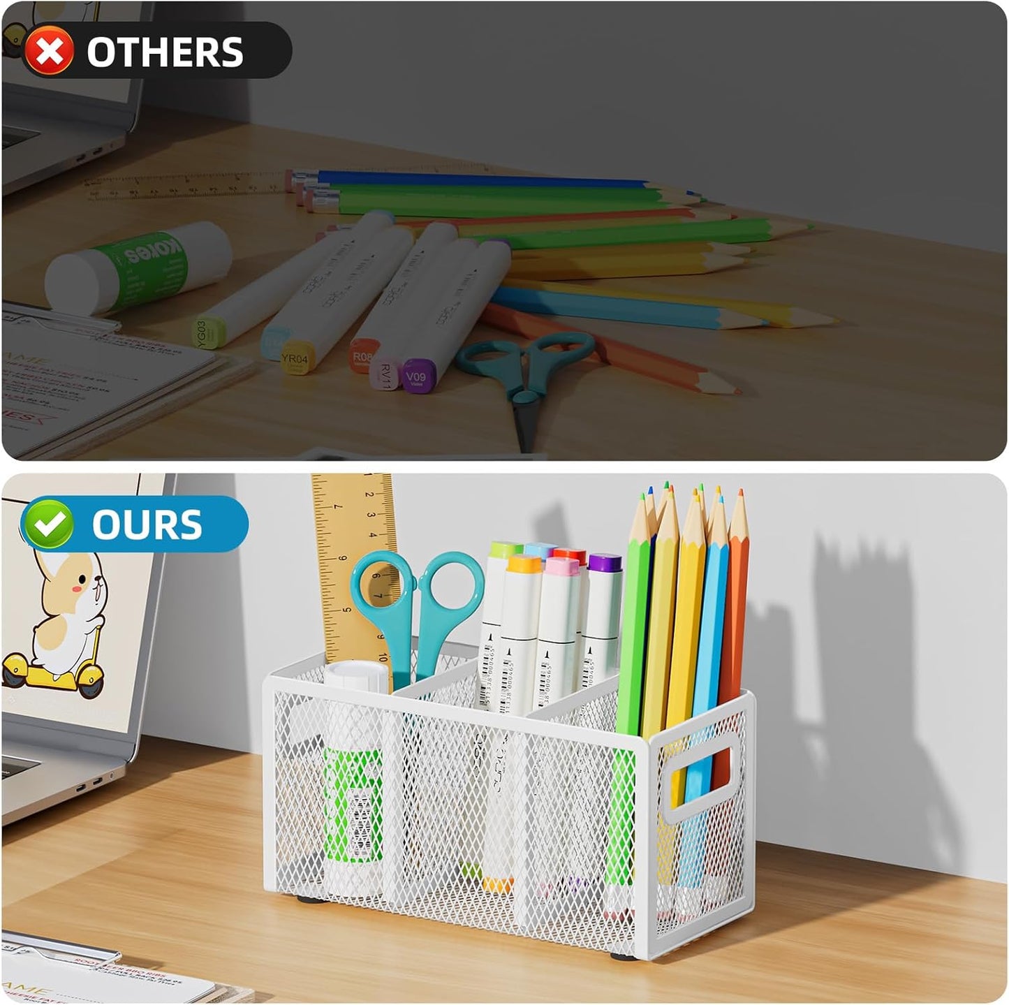 Marbrasse Mesh Pen Holder for Desk,Pencil Holder Desk Organizer 3 Adjustable Compartments,Pencil Cup with Handle Perfect for Classroom, Office, Home,Makeup,Art (White)