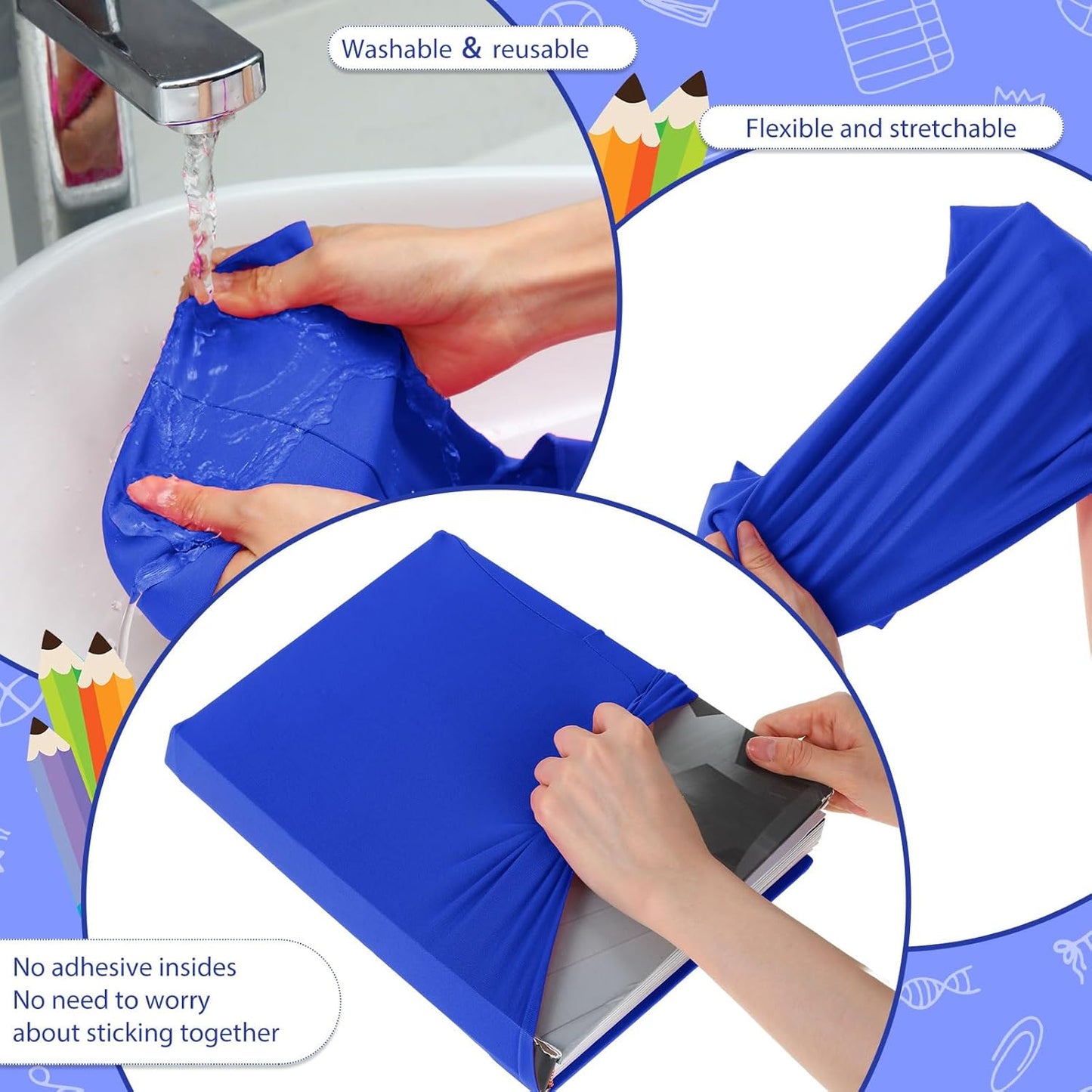 Sherr 14 Pack Stretchable Book Covers Reusable Jumbo Bookcloth 9" x 11" Durable Washable Back to School Book Cover Protector for Most Hardcover Books Textbooks(Blue,Classic)