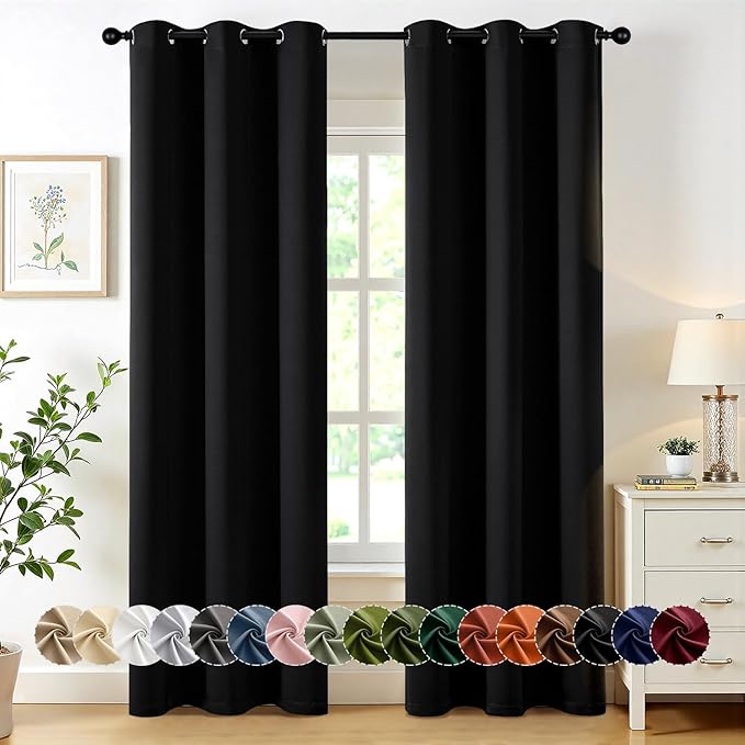 MIULEE Black Blackout Curtains for Bedroom Living Room 84 Inches Long 2 Panels, Thermal Insulated Room Darkening Drapes Solid Grommet Top Noise Reduction Light Blocking Halloween Window Treatments