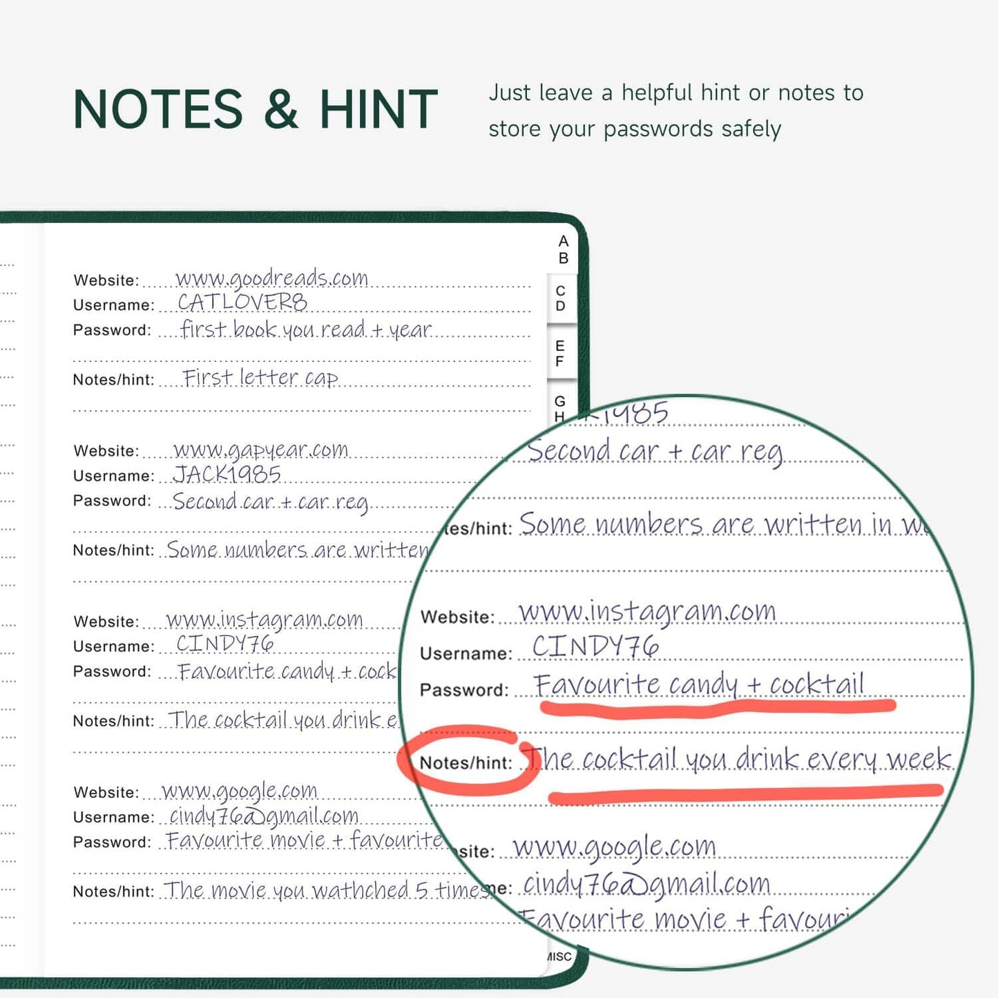 Password Book with Alphabetical Tabs – Hardcover Internet Address & Password Organizer – Password Keeper Notebook for Computer & Website – 7 x 10" Log-in Password Journal w/Thick Paper (Earth Green)