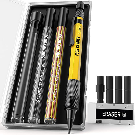 Four Candies 1.3mm Mechanical Pencil Set with 24 Lead Refills, Metal Weatherproof Heavy Duty Outdoor Carpenter Pencil, Eraser, 6 Eraser Refills for Architect Drafting Woodworking Marking with Case
