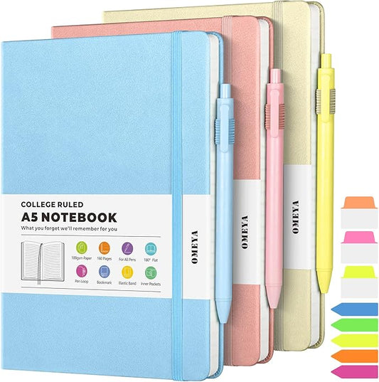 Lined Journal Notebook, 3 Pack A5 College Ruled Notebooks for Work, Hardcover Notebook Each with 2 Pockets & Pen, Leather Journal for Women, Men, 160 Pages, 100GSM Thick Paper (Sky Blue, Pink, Ivory)