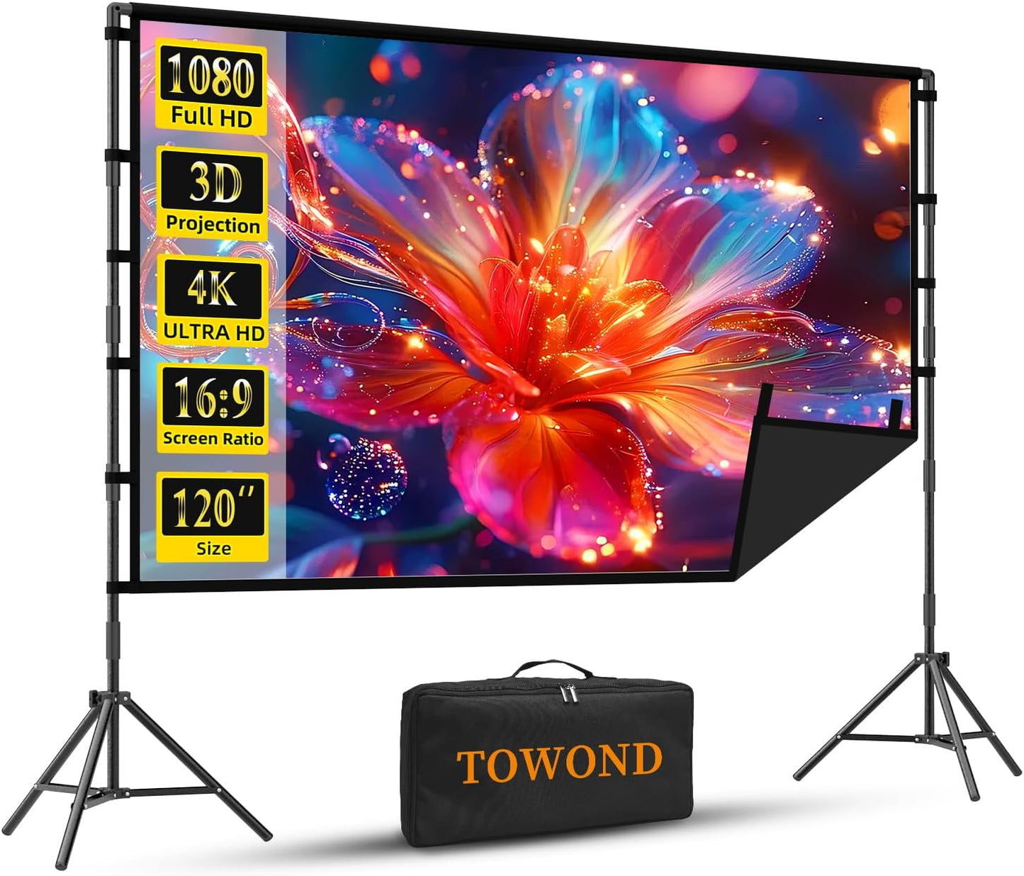 Outdoor Projector Screen with Stand, TOWOND 120 inch Portable Projector Screen Black Backing, Indoor Projection Screen 16:9 4K HD Wrinkle-Free Movie Screen with Carry Bag for Backyard Movie Night
