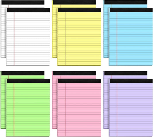 Legal Pads 8.5 x 11 Wide Ruled - Note Pads 30 Sheets/Pad - 20lb Colored Notepad Paper - Perforated Notepad with Sturdy Back - Pink, Purple, Yellow, Green, Blue, White