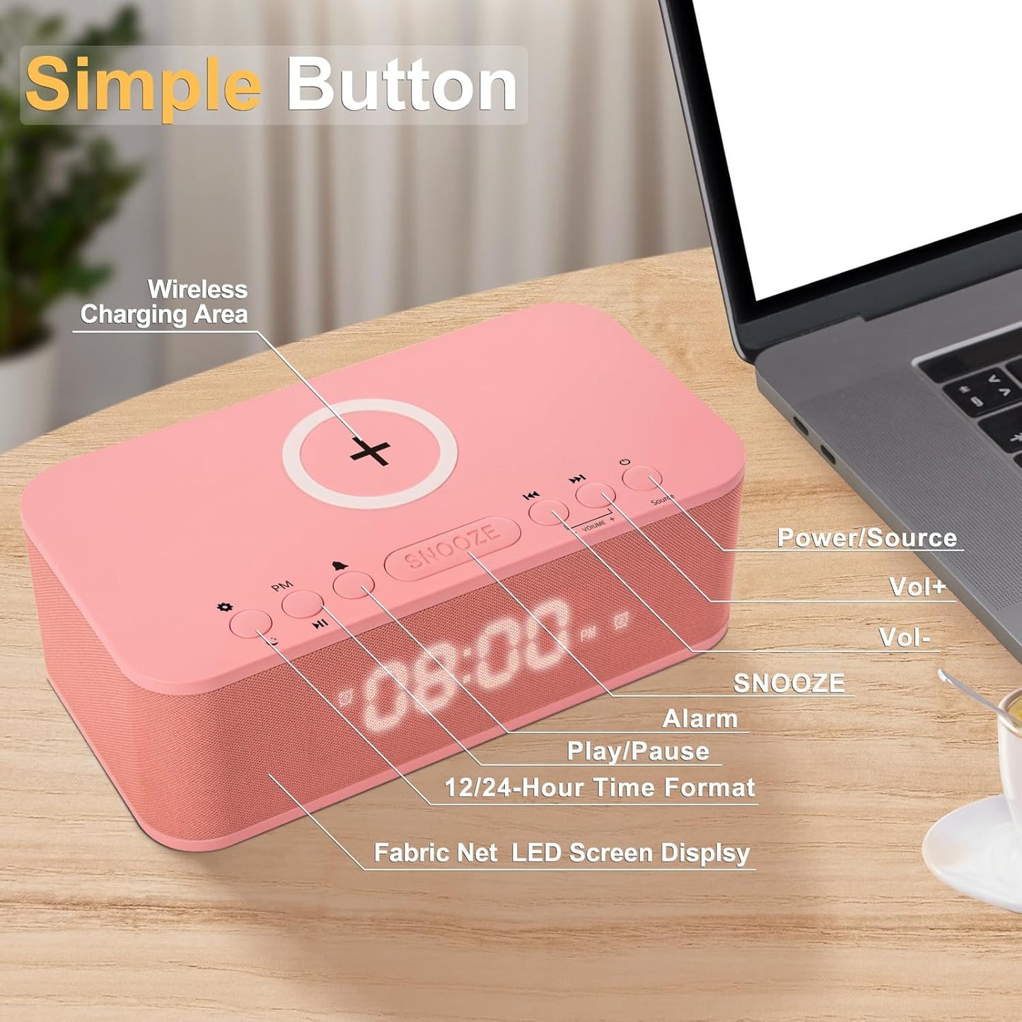 Alarm Clocks Large Snooze Button, Digital Clock USB Charger Port, Bluetooth Speaker Alarm Clock Bedroom AUX USB Bluetooth Speaker Wireless Charging 12/24H Dual Alarms Snooze Dimmer Sleep Timer, Pink