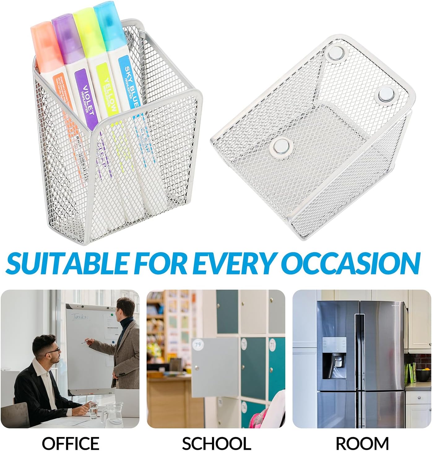 LUCYCAZ Magnetic Pen Holder - Single Magnetic Pencil Locker Holder Organizer, Silver Mesh Marker Holder Pen Basket for Whiteboard, Refrigerator and Locker