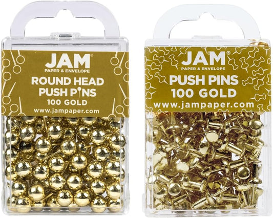 JAM PAPER Colorful Push Pins - Flat & Round Head Thumb Tack Combo Set - Gold Pushpins - 200/Pack