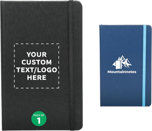 DISCOUNT PROMOS Custom Hardcover Notebook Journals with Elastic Colored Band Set of 1, Personalized Bulk Pack - Perfect for School, Office, Home - Black