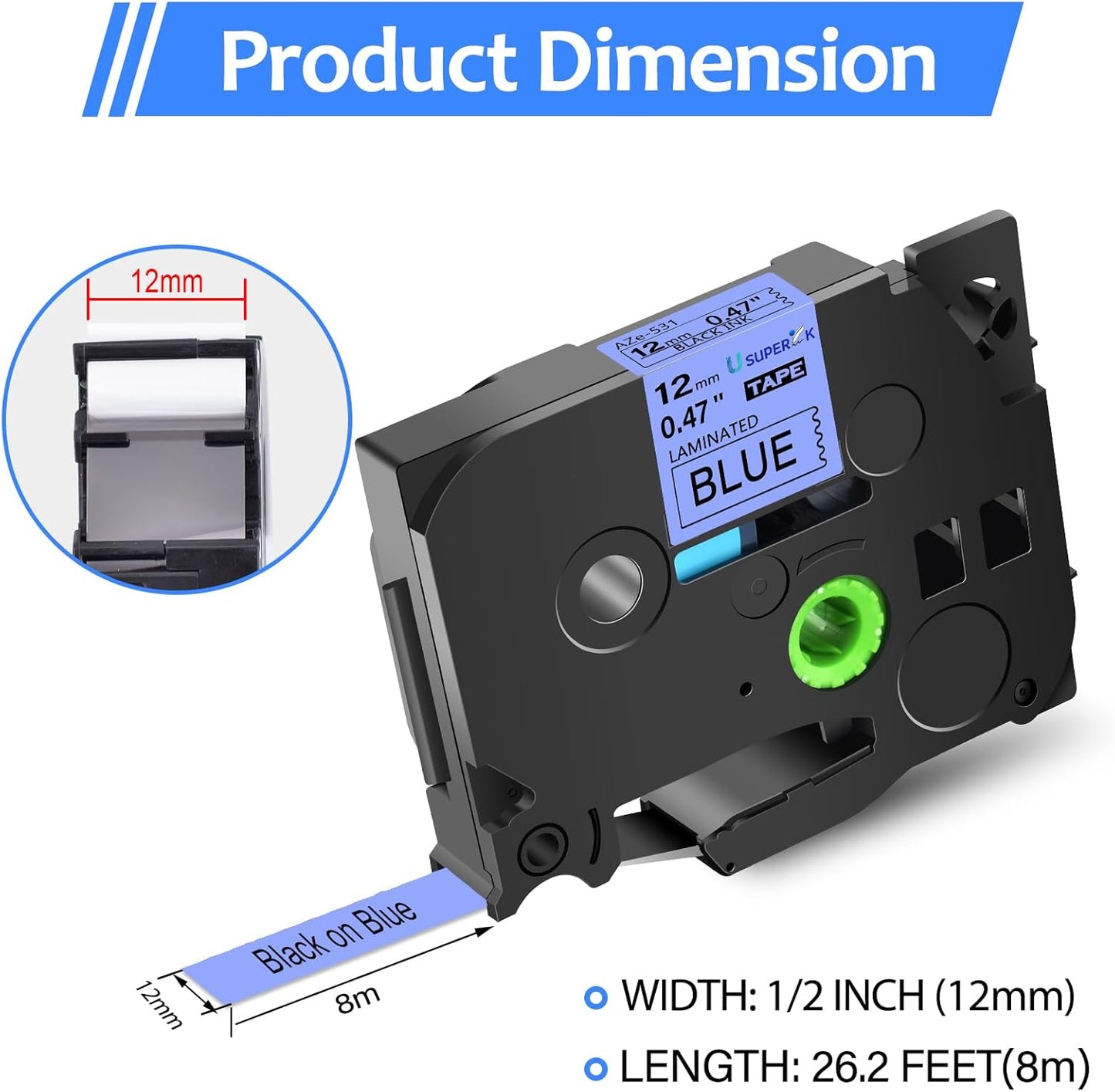 6PK TZe-531 12mm 0.47 Laminated Blue Tape Compatible for Brother P-Touch Label Maker Tape TZ-531 TZe TZ Label Tape TZe531 TZ531 Black on Blue for PT-D210 D220 H110 D200 D400 D600 H100